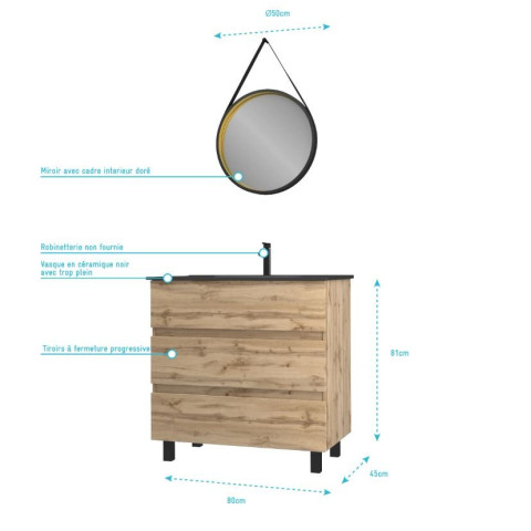 Pack Meuble SDB 80cm sur pieds 3 tiroirs chêne -Vasque noire + Miroir Barber - TIMBER 80_Pack44 - PACM254