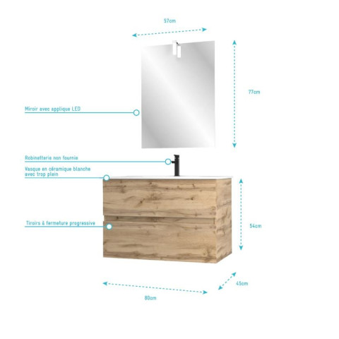 Pack Meuble SDB 80cm suspendu 2 tiroirs chêne - Vasque blanche + Miroir Led - TIMBER 80 - Pack37 Aurlane - PACM247