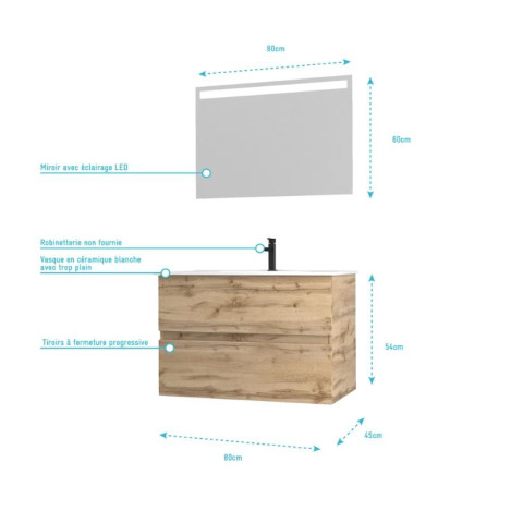 Pack Meuble SDB 80cm suspendu 2 tiroirs chêne - Vasque blanche + Miroir Led - TIMBER 80_Pack36 Aurlane - PACM246