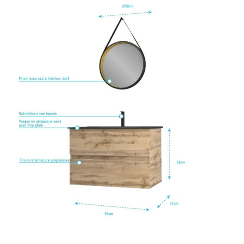 Pack Meuble SDB 80cm suspendu 2 tiroirs chêne + vasque noire + miroir Barber - TIMBER 80_Pack34 Aurlane - PACM244