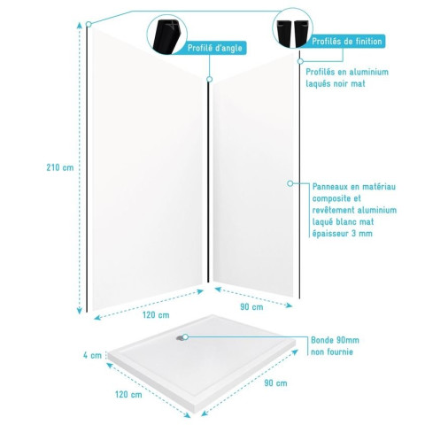 Pack Panneaux muraux aluminium blanc 120+90 - Profilés noir mat + Receveur Acrylique 120x90 Aurlane - PACP006
