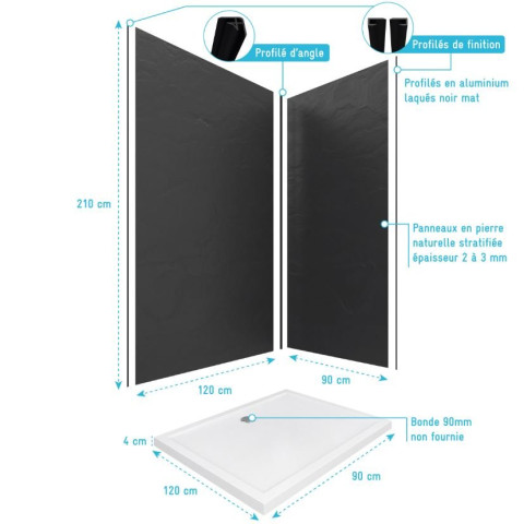 Pack Panneaux Muraux Pierre Finition Ardoise 120+90 - Profilés Noir Mat + Receveur Acrylique 120×90 Aurlane - PACP010