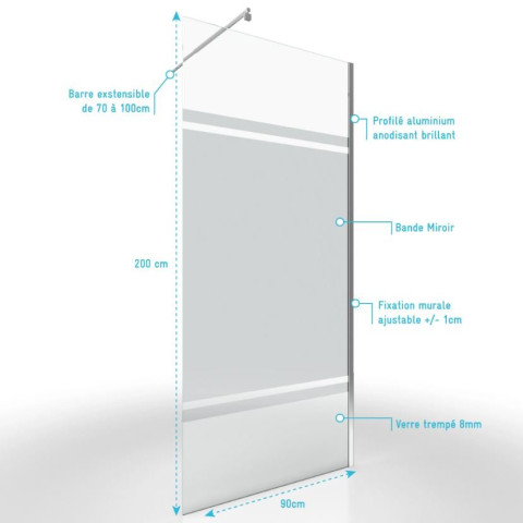 Pack paroi de douche 90x200cm - Bande Miroir - Barre de fixation extensible et profil chrome Aurlane - FAC450