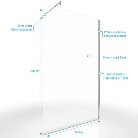 Pack paroi de douche a l’italienne - Verre transparent 6mm – paroi + Barre de fixation recoupable Aurlane - FAC435