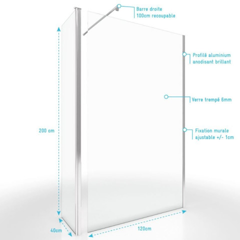 Pack paroi de douche a l’italienne 120x200cm - Verre transparent 6mm + Barre de fixation recoupable Aurlane - FAC436