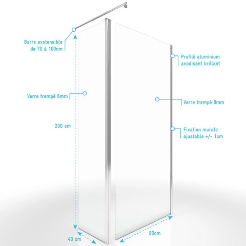 Pack paroi de douche et volet pivotant 90+40x200 cm - Verre transparent + barre de fixation chrome Aurlane - FAC441