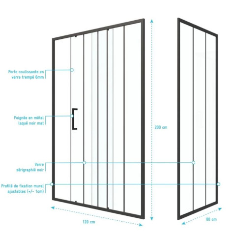 Pack Paroi porte de douche coulissante sérigraphie 140x200cm + Paroi retour 80x200 cm - CRUSHX Aurlane - PACF015