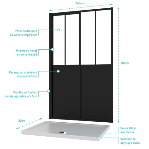 Pack porte coulissante noire mate type Atelier et receveur en acrylique blanc - 140x80x200 cm Aurlane - PACF003