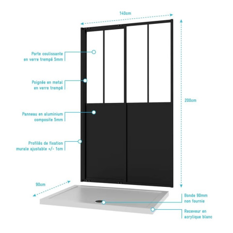 Pack Porte coulissante Noire mate type atelier et receveur en acrylique blanc - 140x90x200 cm Aurlane - PACF004