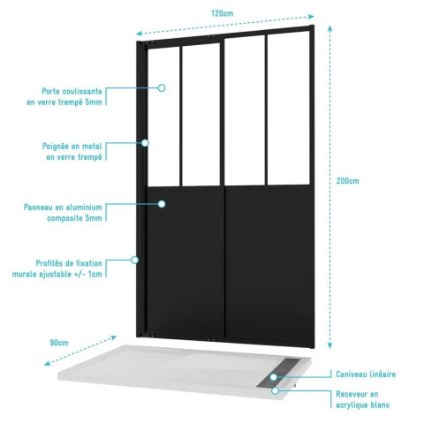 Pack Porte coulissante Noire mate type atelier et receveur à grille linéaire effet pierre - 120x90x200 cm Aurlane - PACF006