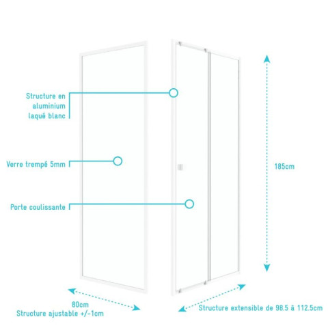 Pack porte de douche coulissante blanc 100x185cm + retour 80 verre transparent 5mm - WHITY SLIDE 100 Aurlane - PACF022