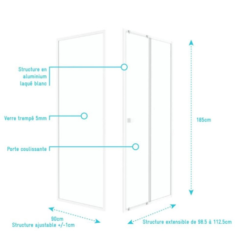 Pack porte de douche coulissante blanc 100x185cm + retour 90 verre transparent 5mm - WHITY Slide 100 Aurlane - PACF023