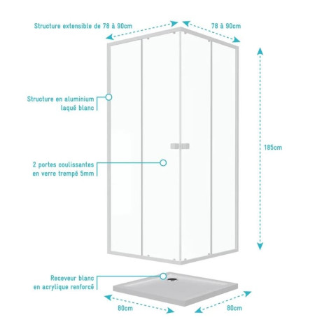 Pack porte de douche coulissante blanc de 78 à 90x185cm + receveur 80×80 - WHITY SLIDE Aurlane - PACF030