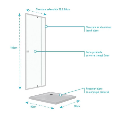 Pack porte de douche pivotant blanc de 78 à 90x185cm + receveur 90x90 - WHITY PIVOT Aurlane - PACF039