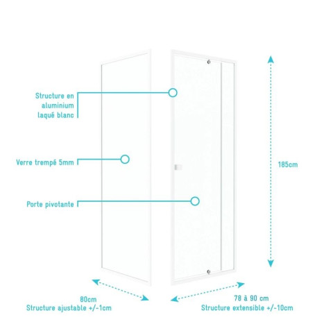 Pack porte de douche pivotante blanc de 78 à 90x185cm + retour 80 verre 5mm - WHITY PIVOT Aurlane - PACF026