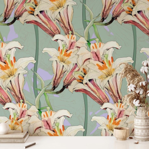 Papier peint floral Art Nouveau à motifs de lys roses - st-GIGLI