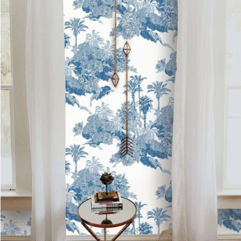 Papier peint Toile de Jouy Palmier bleu - TOILE BLUE