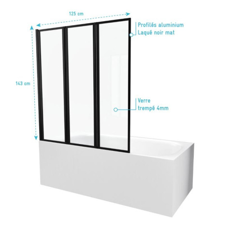 Pare baignoire 3 volets 143x125 cm profilé aluminium Noir mat et verre transparent - ZAGGY BLACK Aurlane - FAC275
