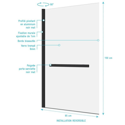 Pare baignoire pivotant 150x85cm profile aluminium noir mat avec verre transparent et porte serviette - TSHAPE Aurlane - FAC273