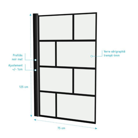 Pare baignoire rabattable sérigraphié 75x125cm - Finition Noir Mat - BLOCKS SCREEN Aurlane - FAC591