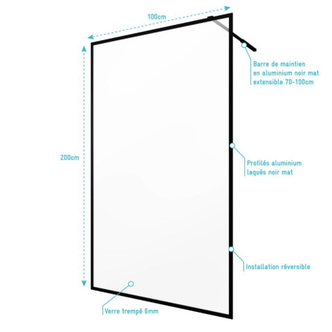 Paroi de douche 100x200 cm - Cadre et bras aluminium Noir mat - DARK CONTOURING Aurlane - FAC499