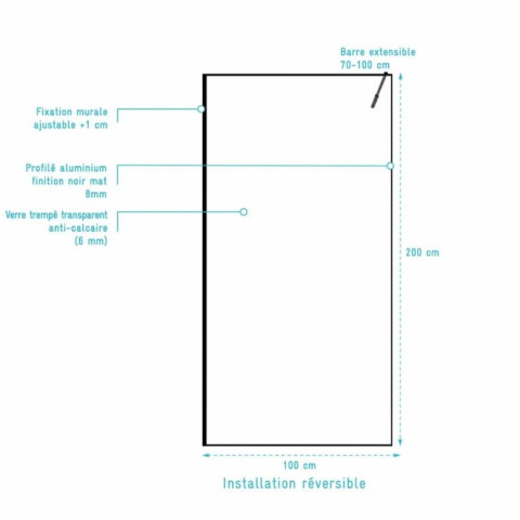 Paroi de douche 100x200cm - Verre anticalcaire - Encadrement Ultra-Fin - Finition Noir Mat - LEA Aurlane - FAC1119