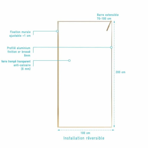 Paroi de douche 100x200cm - Verre anticalcaire - Encadrement Ultra-Fin - Finition Or Brossé - LEA Aurlane - FAC1123