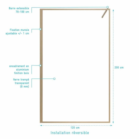 Paroi de Douche 120x200 cm - Cadre et Bras Aluminium Décor Bois - WOODEN CONTOURING Aurlane - FAC1058