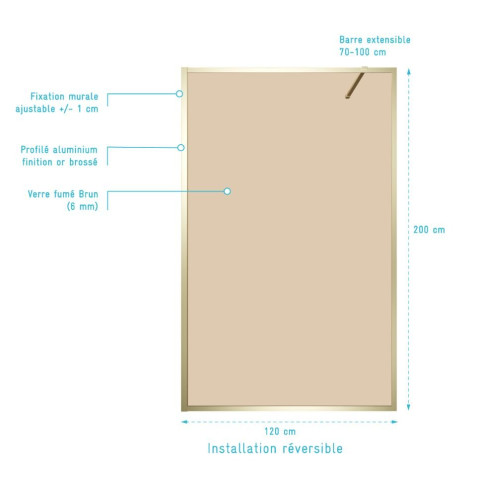 Paroi de douche 120x200 cm - Verre trempé fumé brun - Cadre et bras en aluminium Or Doré Brossé - GOLDY CONTOURING BROW Aurlane - FAC969