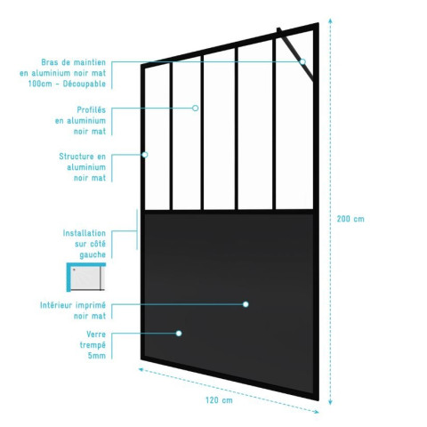 Paroi de douche 120x200 cm type verrière – Verre trempé 5mm et structure aluminium noir mat Aurlane - FAC506