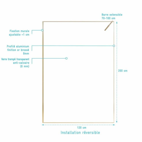 Paroi de douche 120x200cm - Verre anticalcaire - Encadrement Ultra-Fin - Finition Or Brossé - LEA Aurlane - FAC1124