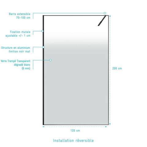 Paroi de douche 120x200cm - Verre dégradé blanc effet brume - Encadrement noir mat – NEPHELIE Aurlane - FAC1116