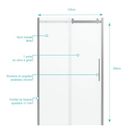 Paroi de douche 140×200 cm + 1 porte coulissante verre trempé 8mm- sens d’ouverture réversible - ROLLING CHROMED 140 Aurlane - FAC614
