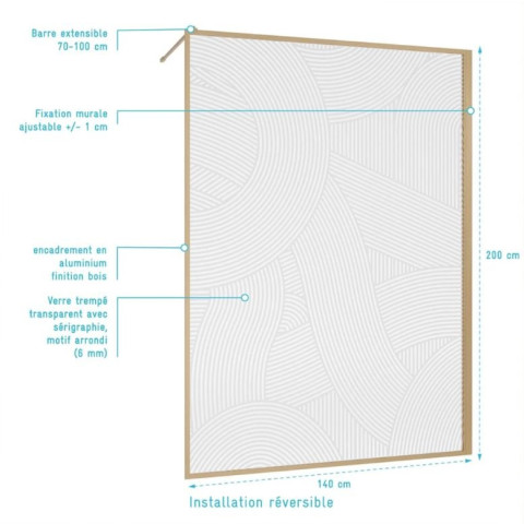 Paroi de douche 140 x 200 - Style Japandi courbes douces - Cadre effet Bois - Verre 6mm - HINATA Aurlane - FAC1113
