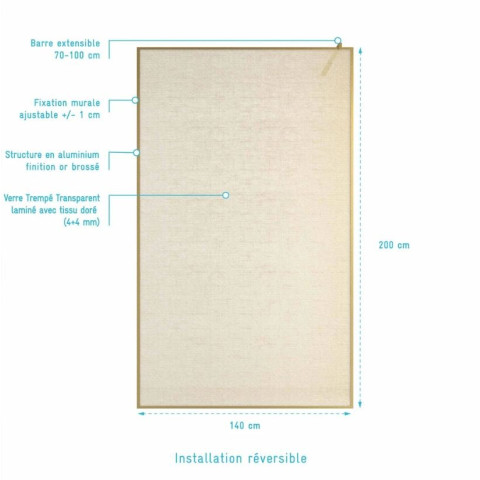 Paroi de douche 140x200 - Verre feuilleté avec tissu doré - Encadrement or brossé - COUTURE Aurlane - FAC1088