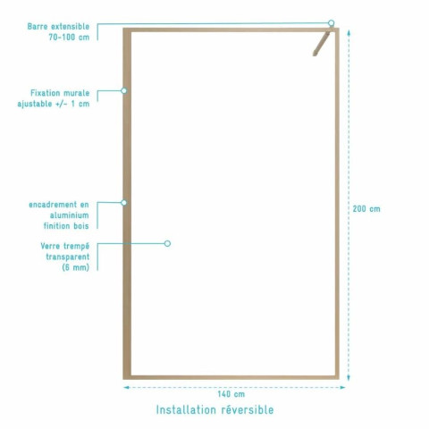 Paroi de Douche 140x200 cm - Cadre et Bras Aluminium Décor Bois - WOODEN CONTOURING Aurlane - FAC1059