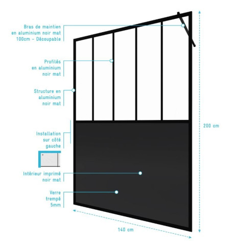 Paroi de douche 140x200 cm type verrière – Verre trempé 5mm et structure aluminium noir mat Aurlane - FAC507