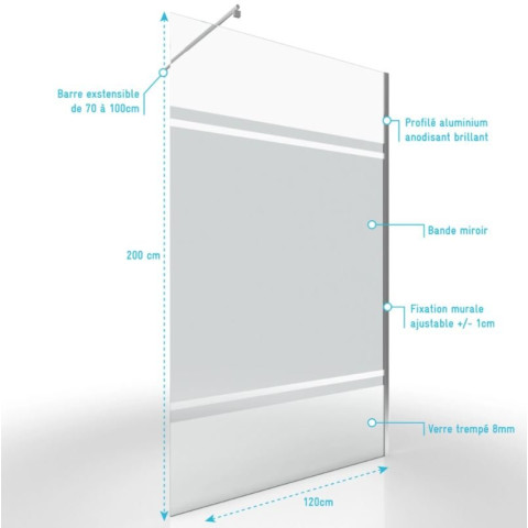 Paroi de douche 140x200cm - Bande miroir - Barre de fixation extensible et profil chrome - FREEDOM 2 MIRROR Aurlane - FAC452