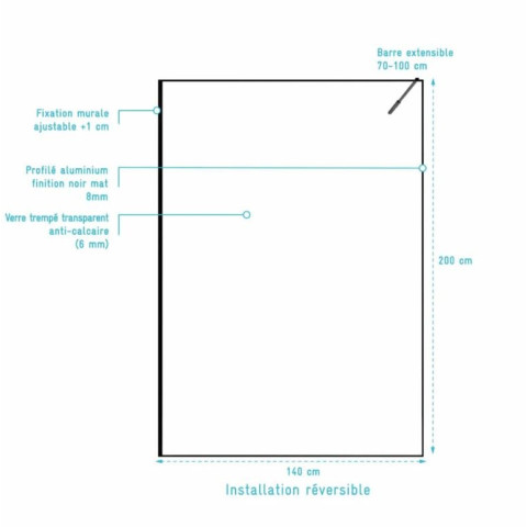 Paroi de douche 140x200cm - Verre anticalcaire - Encadrement Ultra-Fin - Finition Noir Mat - LEA Aurlane - FAC1121