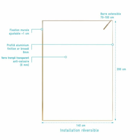 Paroi de douche 140x200cm - Verre anticalcaire - Encadrement Ultra-Fin - Finition Or Brossé - LEA Aurlane - FAC1125