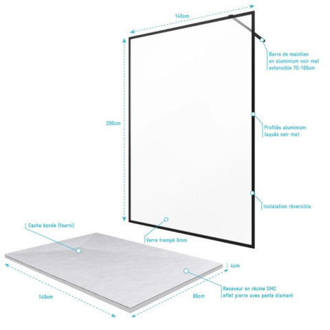 Paroi de douche 140x200cm + receveur à poser 140x90cm - Cadre et barre noir mat - CONTOURING 120 Aurlane - PACF011