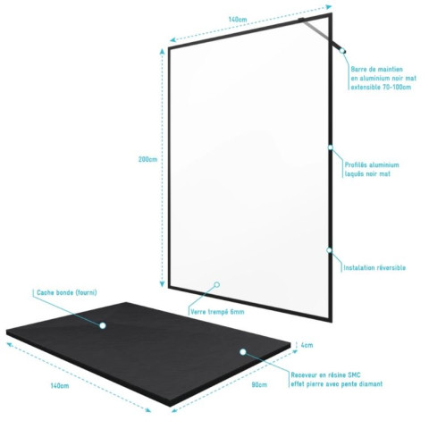 Paroi de douche 140x200cm + receveur à poser 140x90cm - Cadre et barre noir mat - CONTOURING 140 Aurlane - PACF012