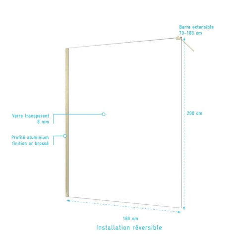 Paroi de douche 160x200cm verre transparent - Barre de fixation extensible et profil Or Brossé - FREEDOM 2 GOLD Aurlane - PACF491