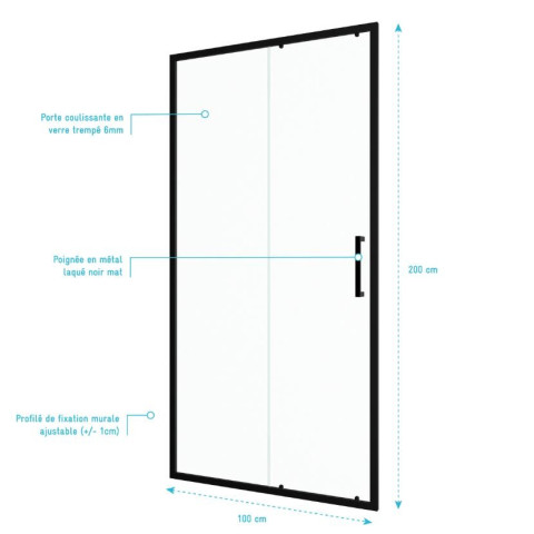 Paroi de douche 1 porte coulissante 100×200 cm - Verre transparent - Profilé Noir - CRUSH Aurlane - FAC606