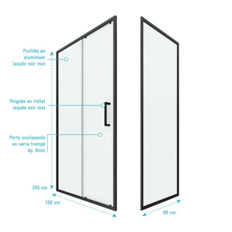 Paroi de douche 1 porte coulissante + Retour 100x90x200 cm - Verre 6 mm - Profilé Noir - CRUSH Aurlane - FAC619