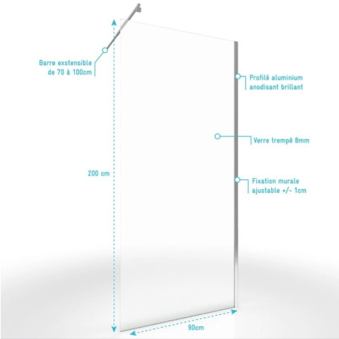 Paroi de douche 80x200cm verre transparent - Barre de fixation extensible et profil chrome - FREEDOM 2 CHROMED Aurlane - FAC437