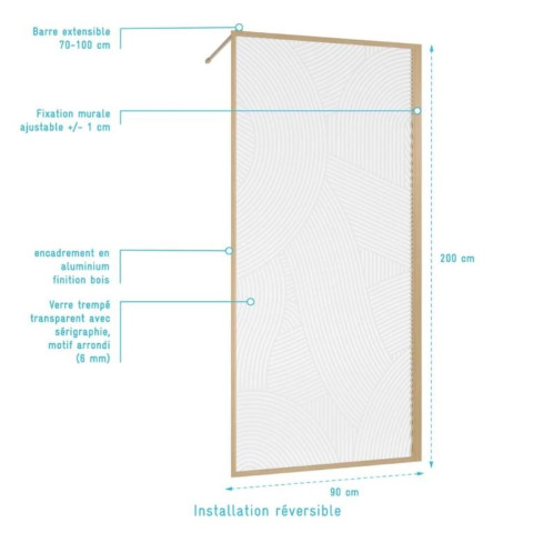 Paroi de douche 90 x 200 - Style Japandi courbes douces - Cadre effet Bois - Verre 6mm - HINATA Aurlane - FAC1112