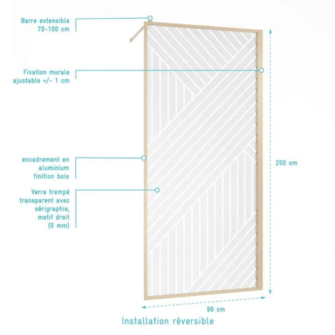 Paroi de douche 90x200 - Style Japandi géométrique - Cadre effet bois - Verre 6mm - HINATA Aurlane - FAC1089
