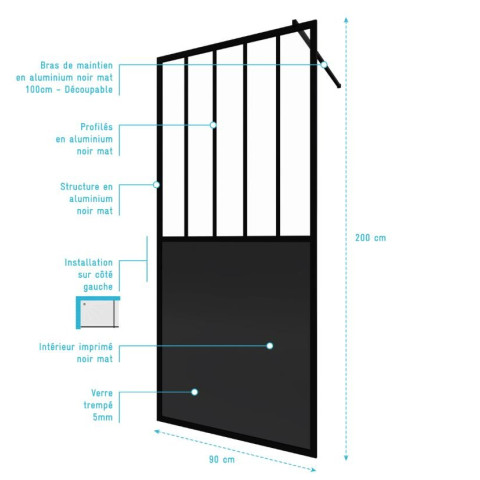 Paroi de douche 90x200 cm type verrières - Verre trempe et structure aluminium noir mat Aurlane - FAC504