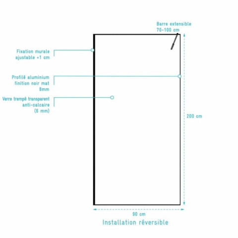 Paroi de douche 90x200cm - Verre anticalcaire - Encadrement Ultra-Fin - Finition Noir Mat - LEA Aurlane - FAC1118